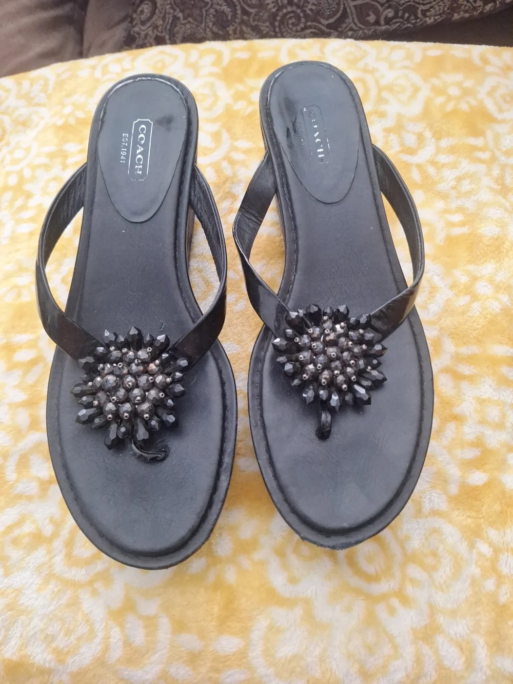 Coach Black Thong Sandals with Gold & Clear Crystal Flower